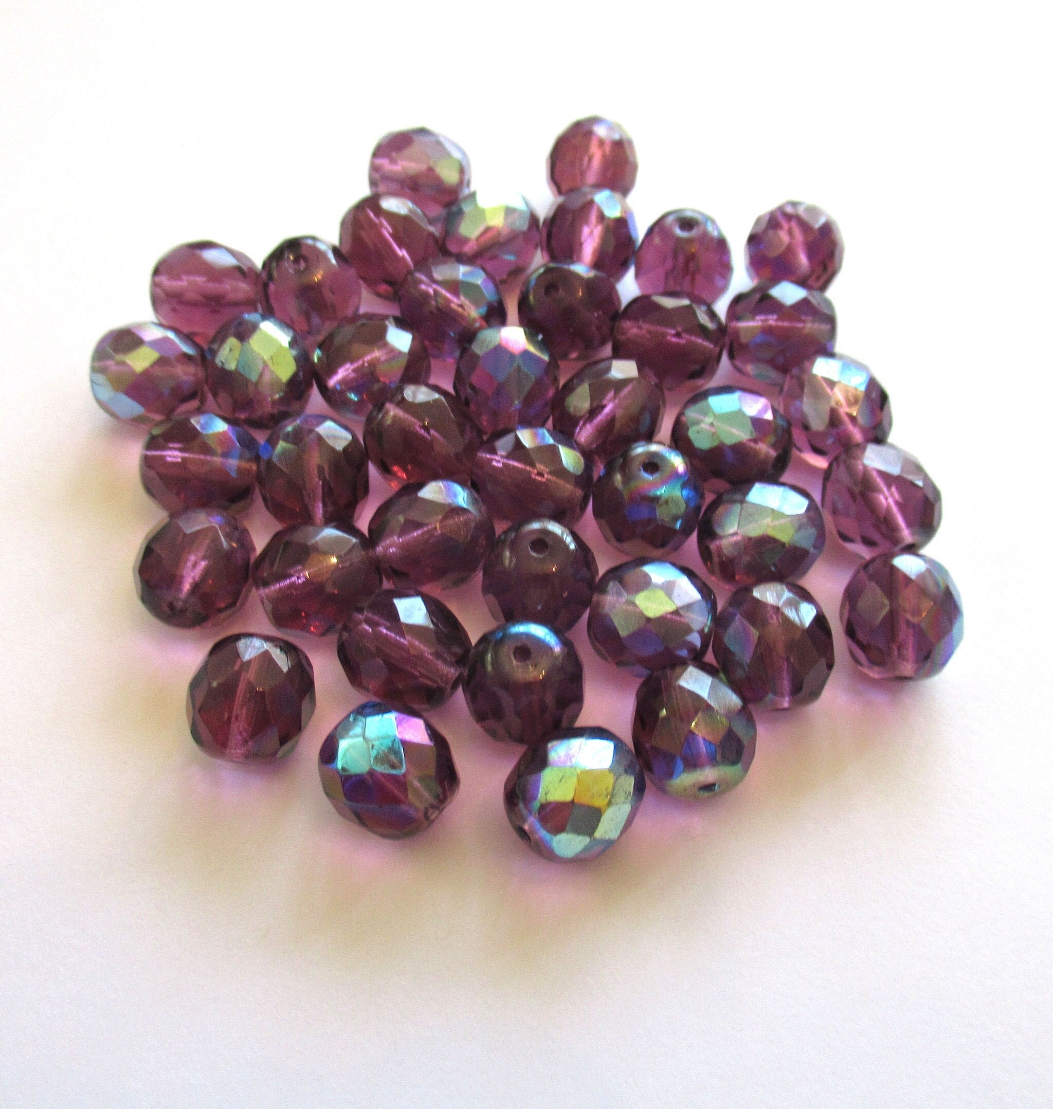 Twenty Czech glass fire polished faceted round beads - 10mm amethyst purple AB beads C00011