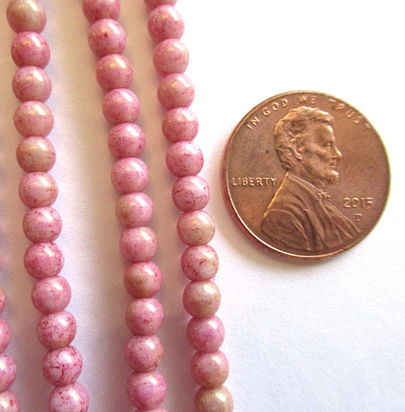 Lot of 100 4mm Czech glass druk beads - opaque pink luster smooth round druks C0009