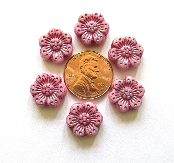 Twelve Czech glass wild rose flower beads - 14mm opaque pink floral beads with luster pink wash C0058