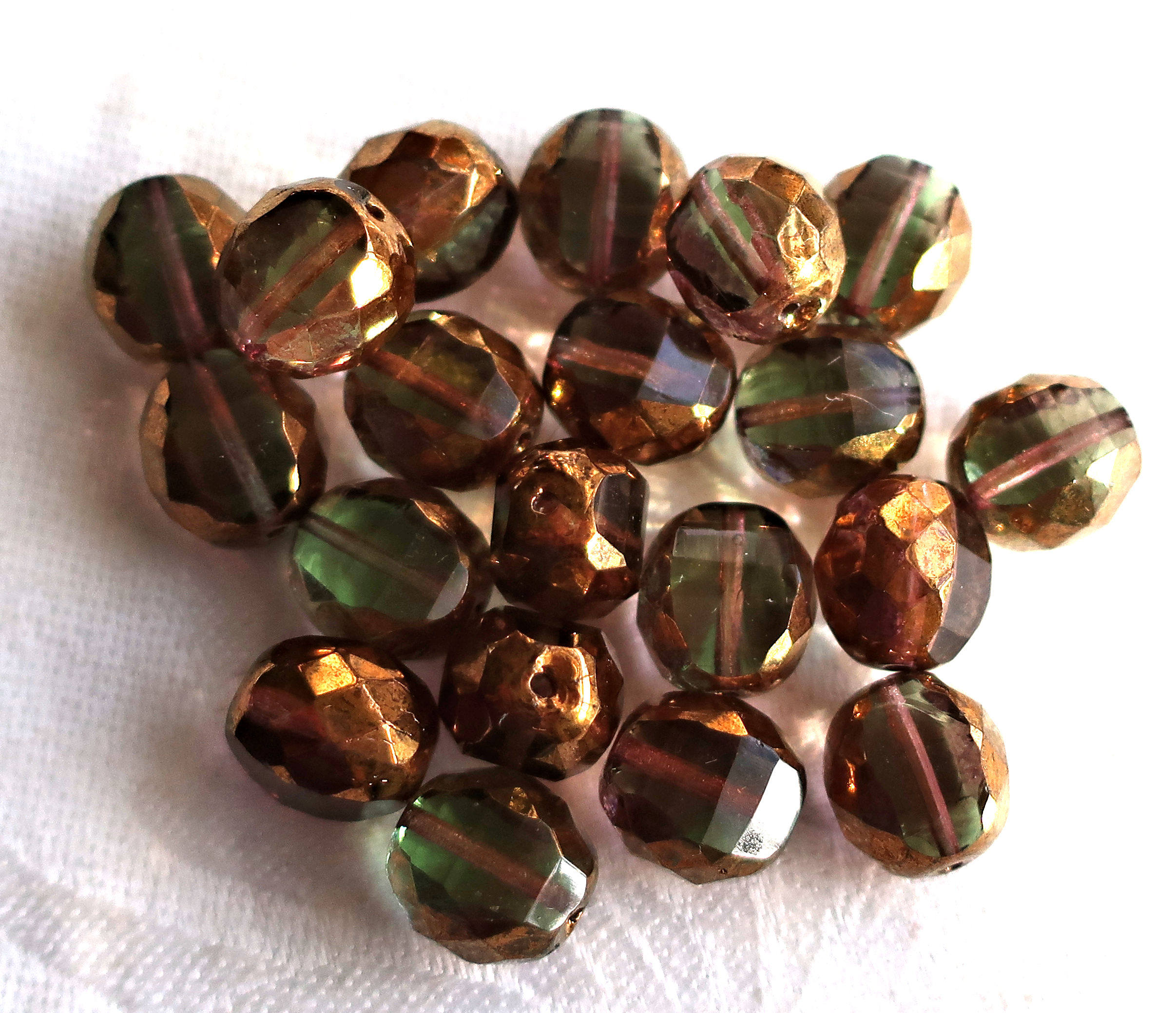 Five large chunky Olivine, Green & Purple, Czech glass beads, 12 x 13mm, firepolished, faceted, two way table cut, bronze finish C03301 - Glorious Glass Beads