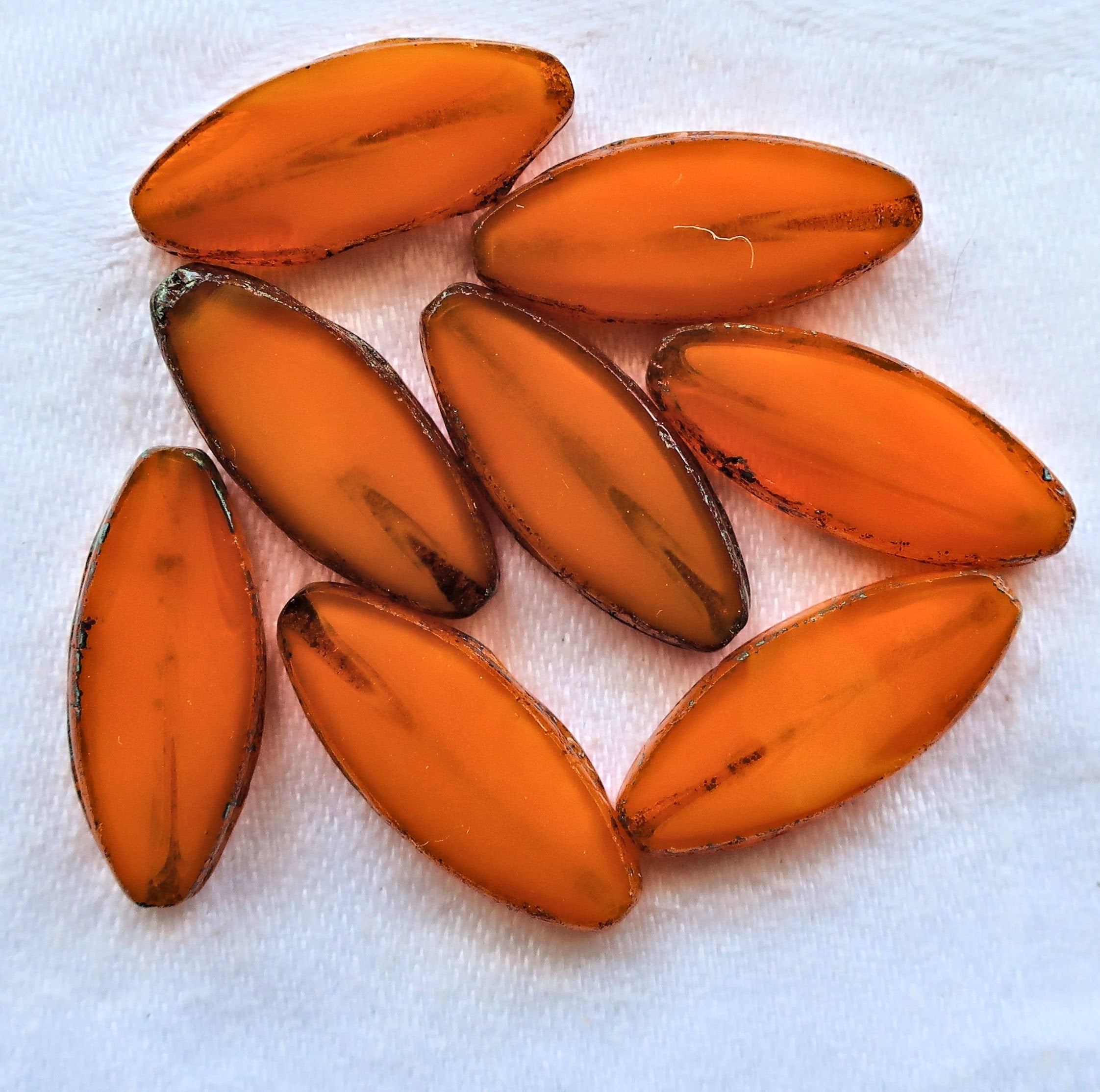 Ten 20 x 9mm Czech glass spindle beads - translucent, marbled, orange, opaline, table cut, picasso almond shaped tube beads C33201 - Glorious Glass Beads