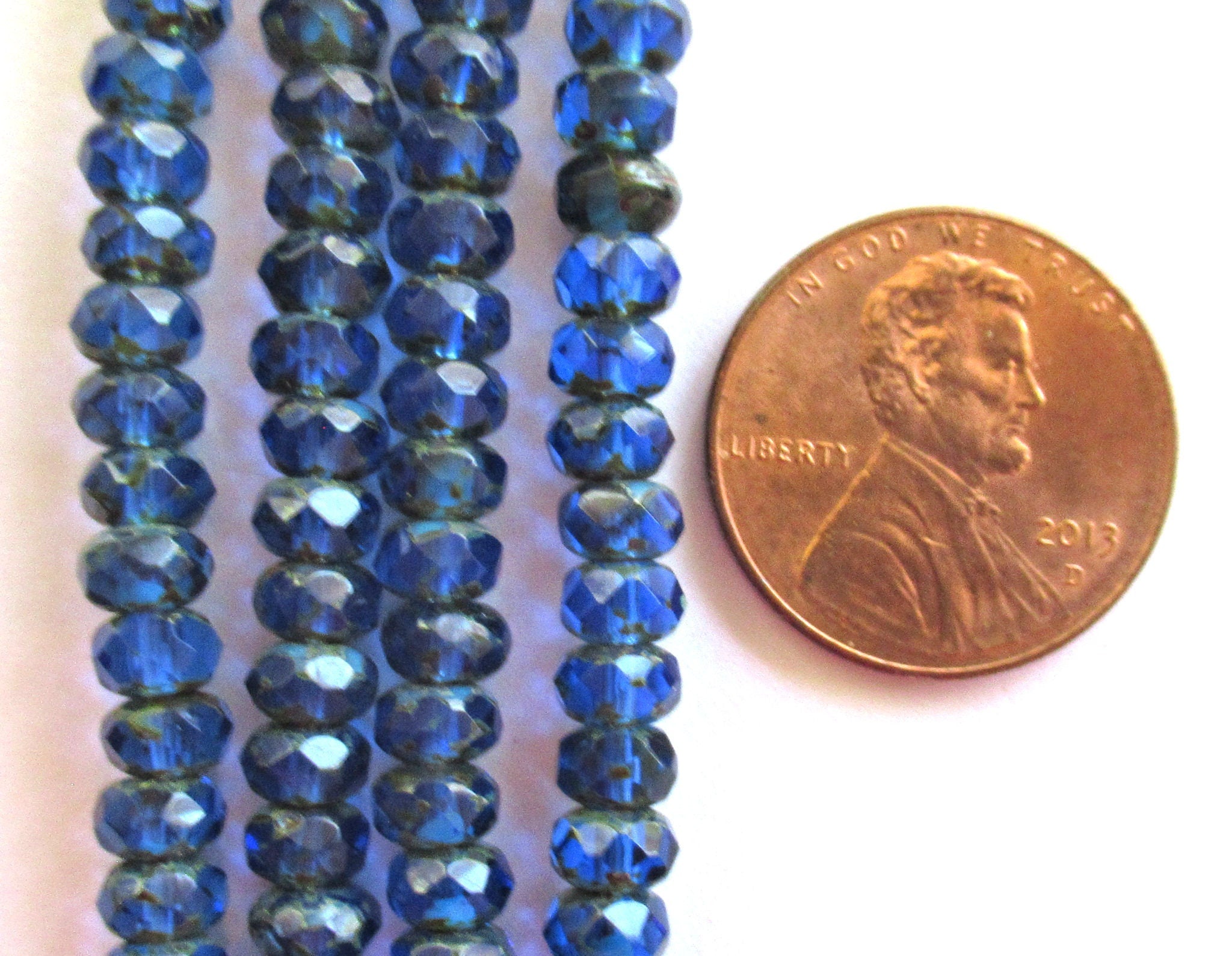 38 small Czech glass puffy rondelle spacer beads - 3 x 5mm faceted sapphire blue picasso rondelles C0036