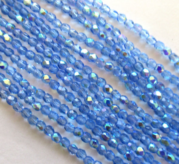 50 3mm Czech glass beads - Sapphire Blue AB fire polished faceted round beads - C0015