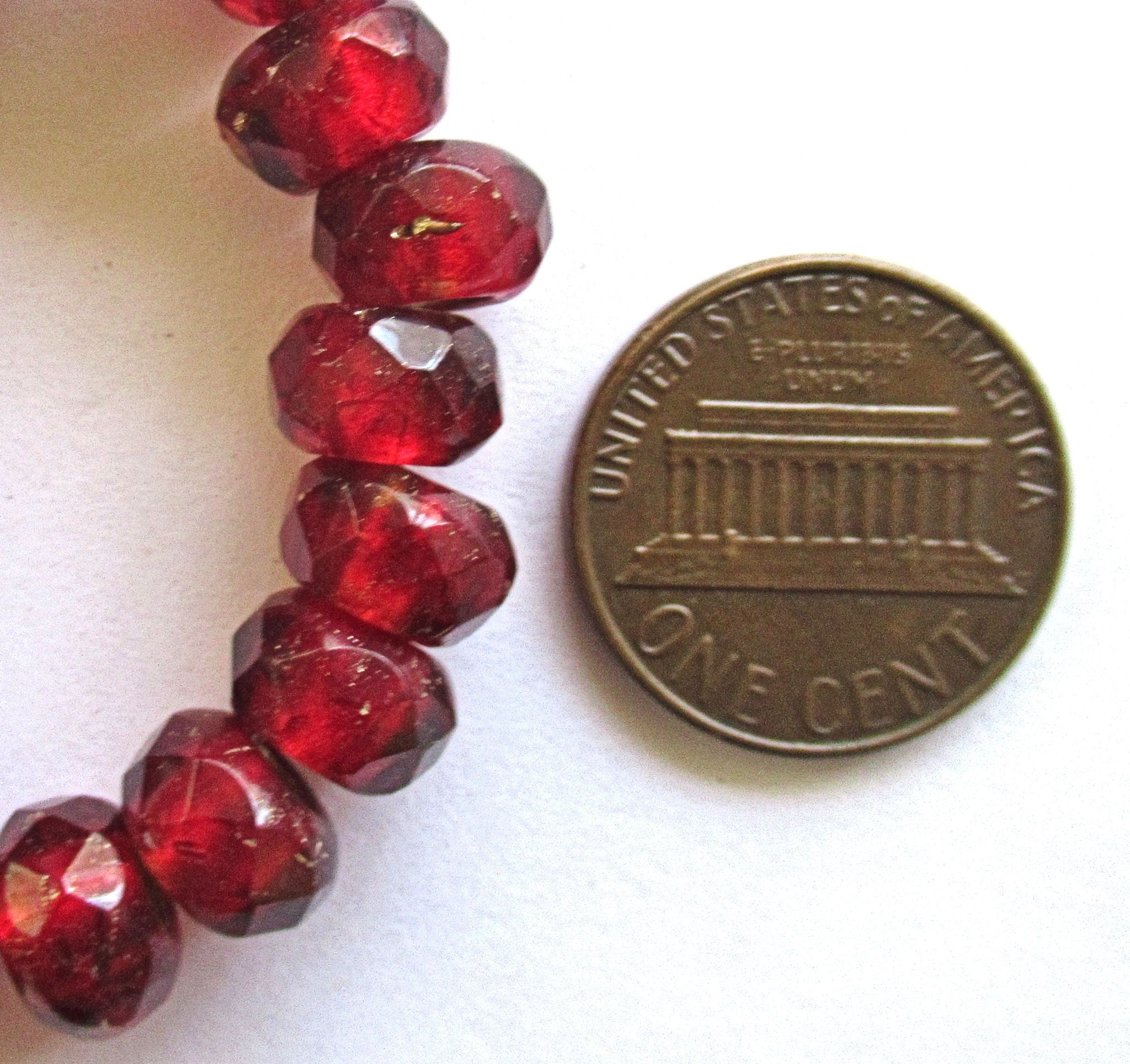 Ten Czech glass roller beads - 6 x 9mm ruby red gold lined, faceted roller, rondelle beads - big 3.5mm hole beads C00621