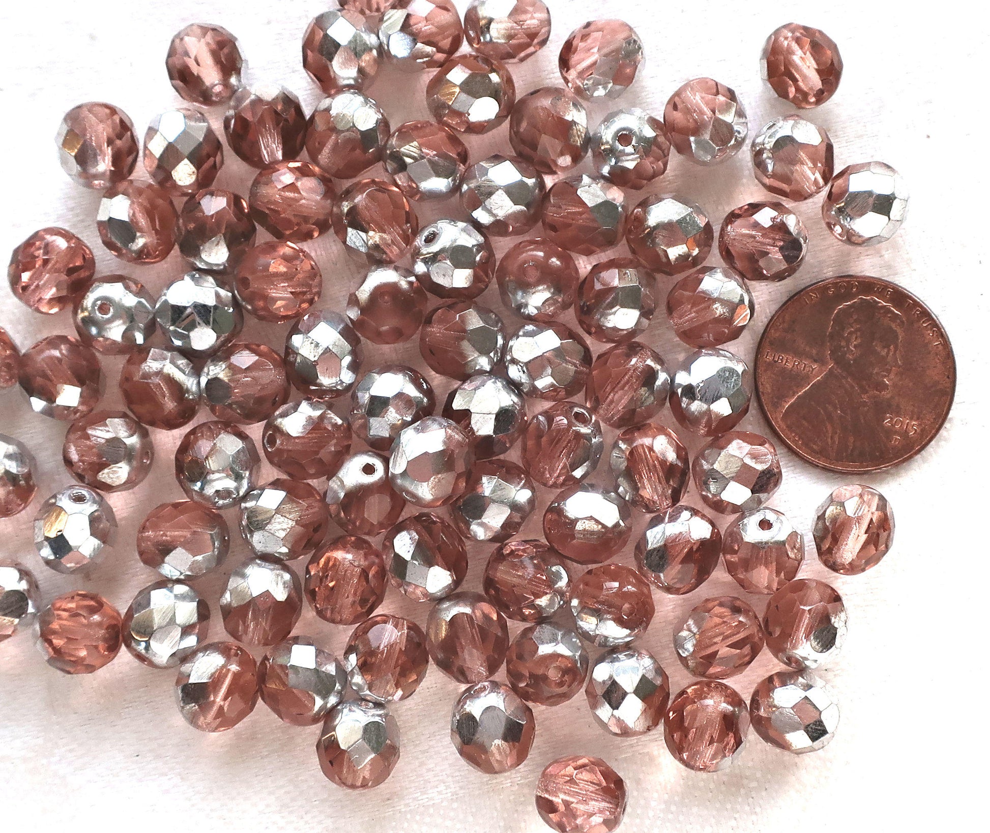 Lot of 25 8mm Pink & Silver Czech glass beads, faceted round firepolished beads C9625 - Glorious Glass Beads