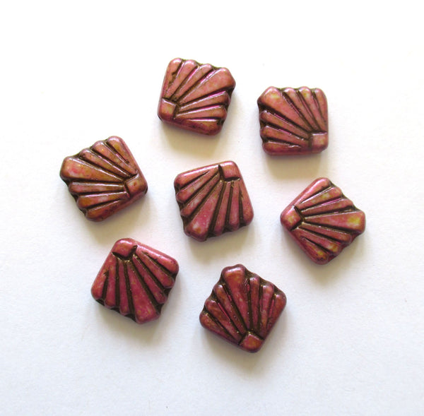 8 Czech glass square fan beads - 17 x 17mm - opaque pink beads with a splotchy rustic finish - C0089