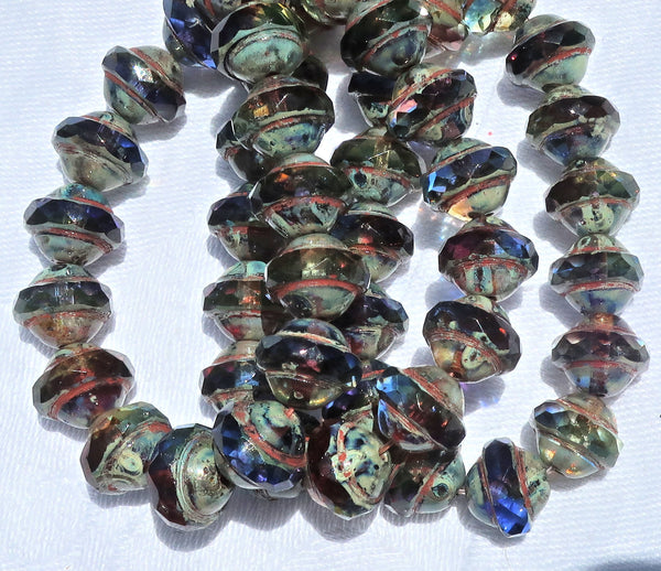 Ten Czech glass saturn / saucer beads - 11 x 10mm blue, purple / amethyst & green mix with a picasso finish C53101