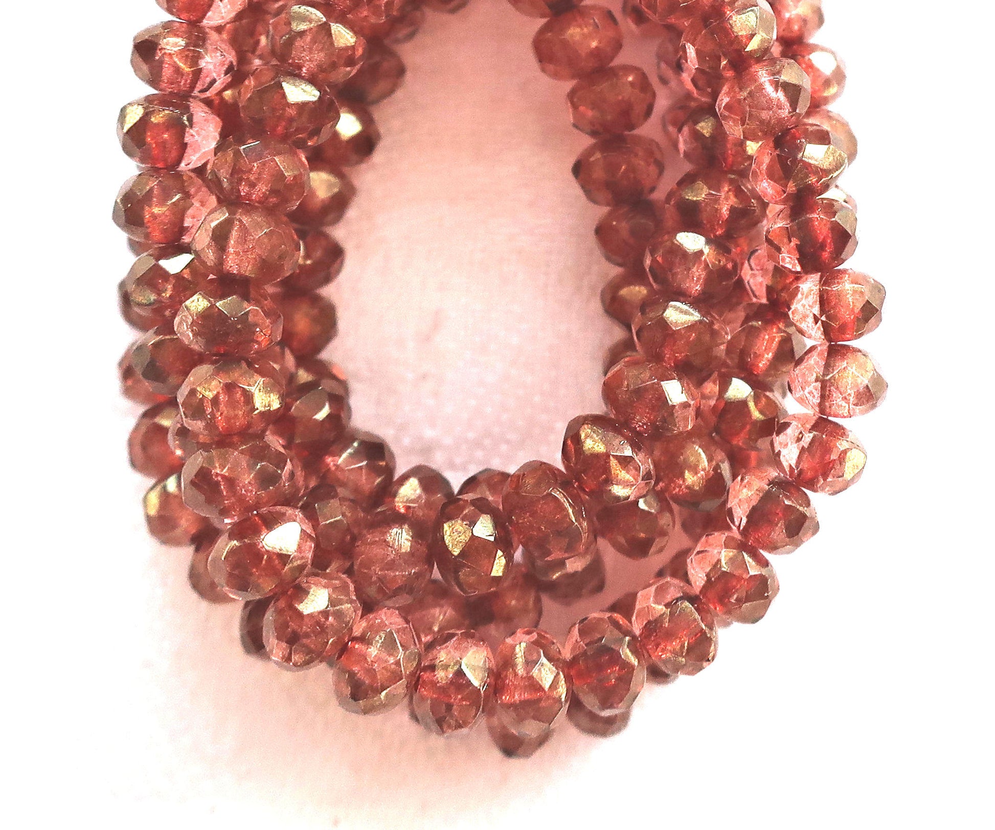 Lot of 30 small pink luster puffy rondelle beads, 3mm x 5mm faceted Czech glass rondelles 91101 - Glorious Glass Beads