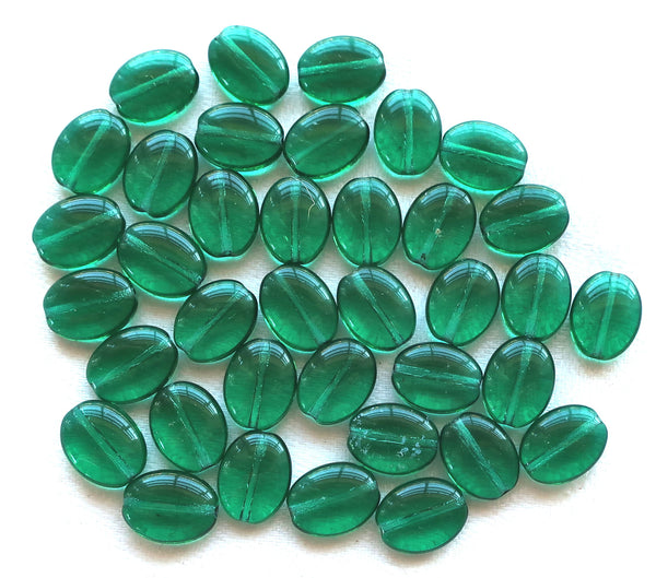 25 Teal Green flat oval Czech Glass beads, 12mm x 9mm pressed glass beads C7425