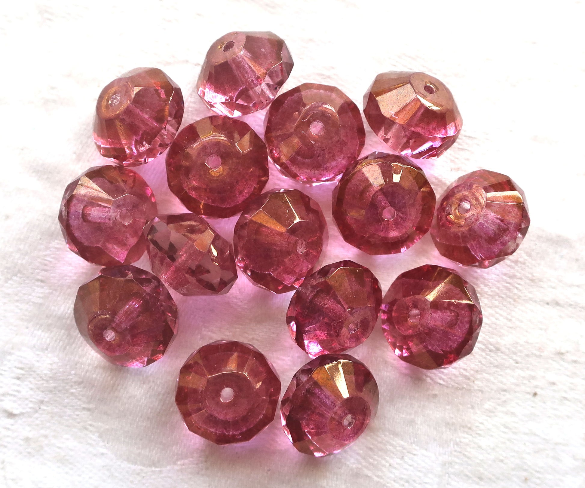 Five large pink faceted Czech glass saucer beads, 13 x 9mm transparent pink with crystal centers and gold accents, C05101 - Glorious Glass Beads