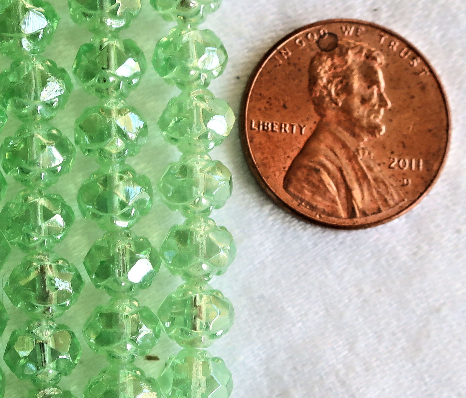 Lot of 25 Luster Peridot Green 5 x 6mm Rosebud beads, faceted, firepolished, antique cut, Czech glass beads C1801 - Glorious Glass Beads