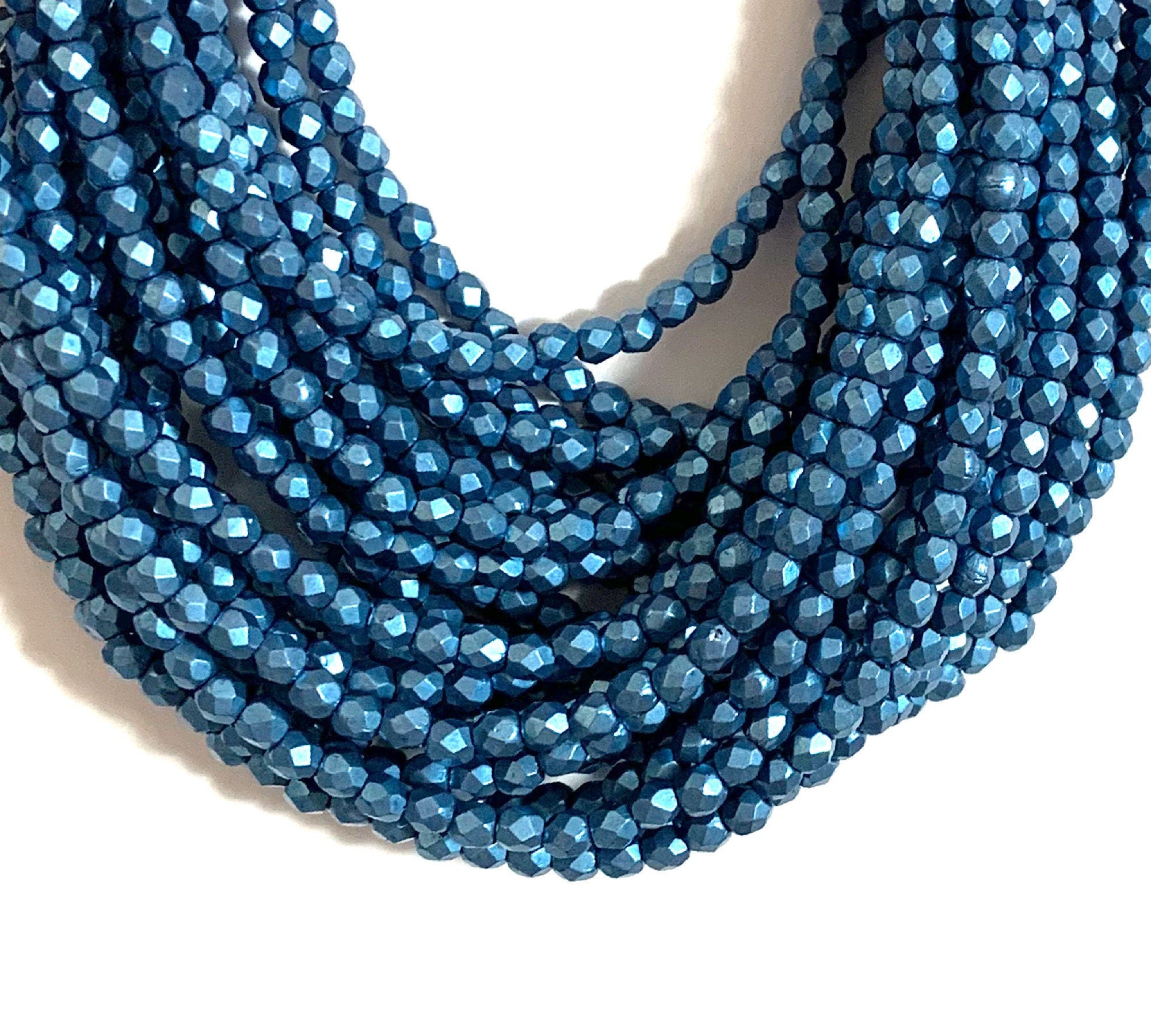 50 3mm saturated metallic little boy blue Czech glass beads, round, faceted fire polished beads C0076