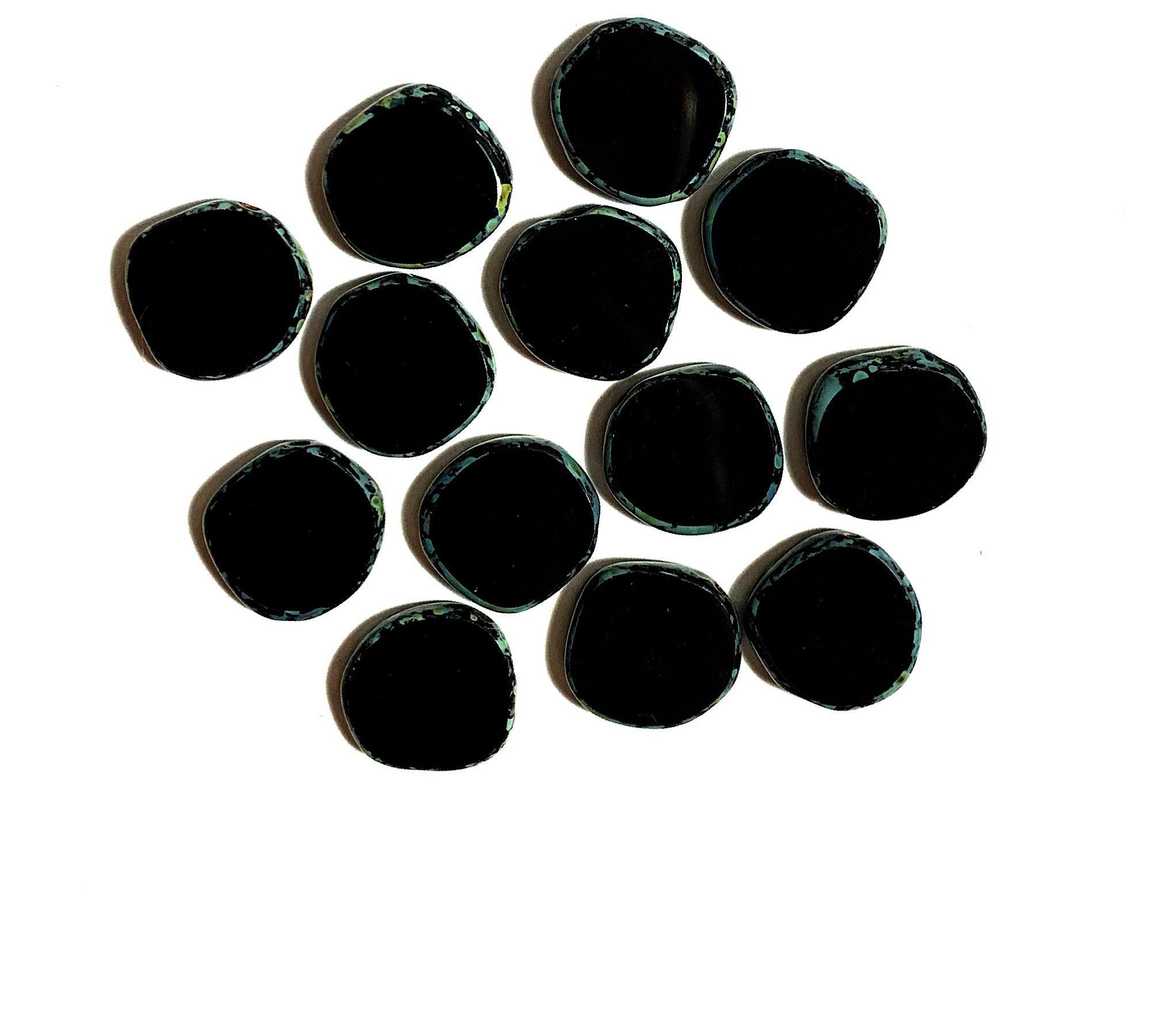 Six 15mm Czech glass asymmetrical coin or disc beads - jet black picasso table cut rustic earthy beads - C0601