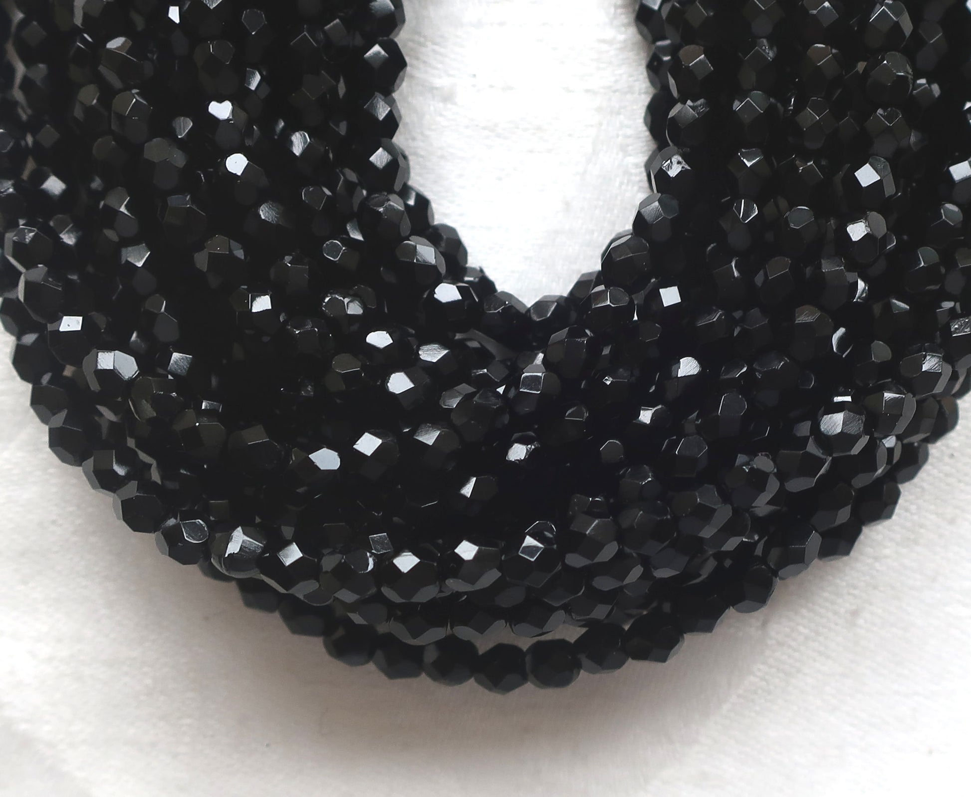 Lot of 50 4mm Jet Black Czech glass beads, round faceted firepolished beads, C3450 - Glorious Glass Beads