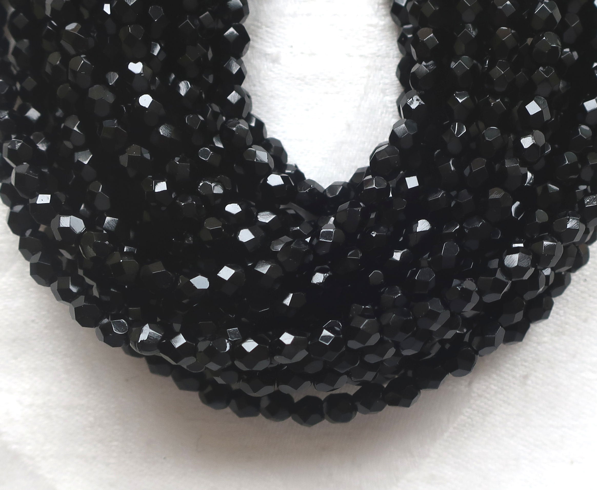 Lot of 50 4mm Jet Black Czech glass beads, round faceted firepolished beads, C3450 - Glorious Glass Beads