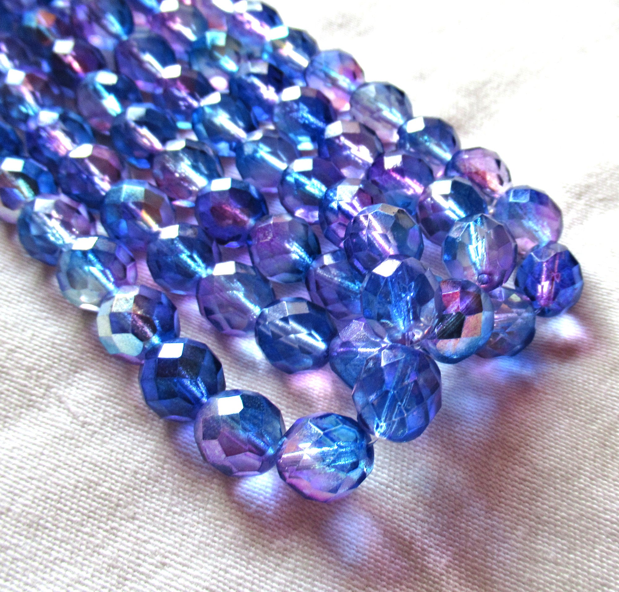 20 Czech glass 10mm beads - blue, purple ab mix - fire polished faceted round beads