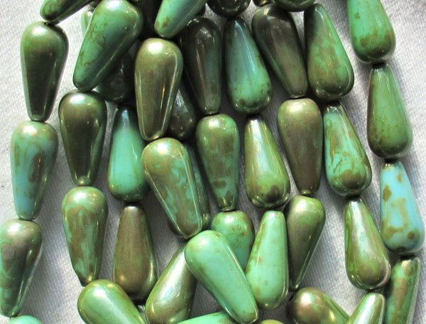 Lot of six Czech glass long teardrop beads - opaque turquoise blue green with a picasso finish - 9 x 20mm elongated tear drops 51106
