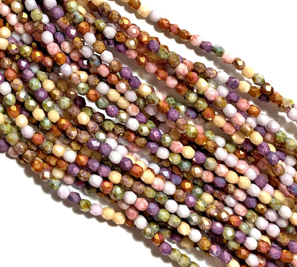Lot of 50 3mm opaque luster color mix Czech glass beads, round, faceted fire polished beads C0004