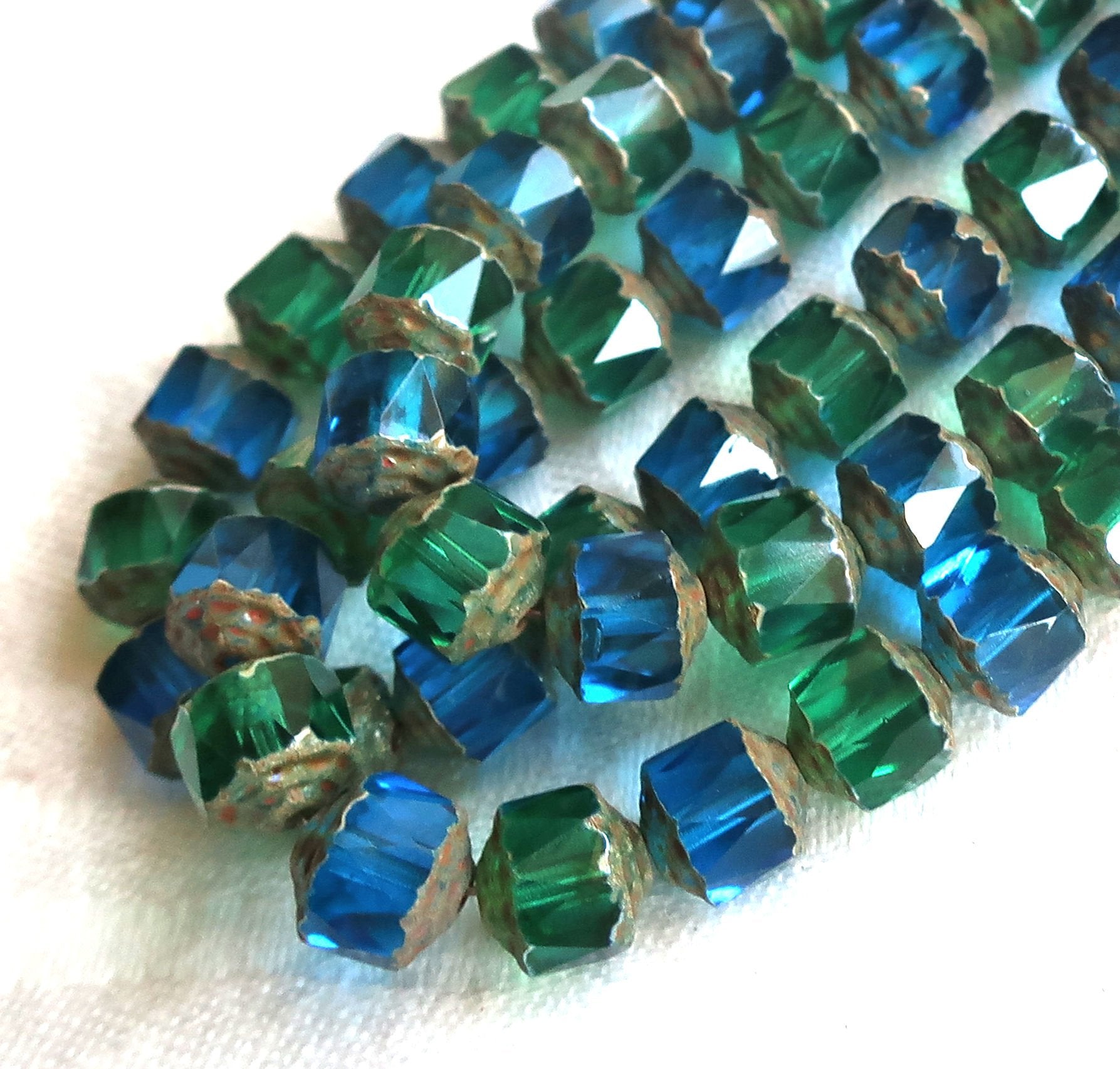Lot of 10 Czech glass crown picasso beads, 8mm, aqua blue & peridot green mix, faceted, firepolished, antique cut beads C52101 - Glorious Glass Beads