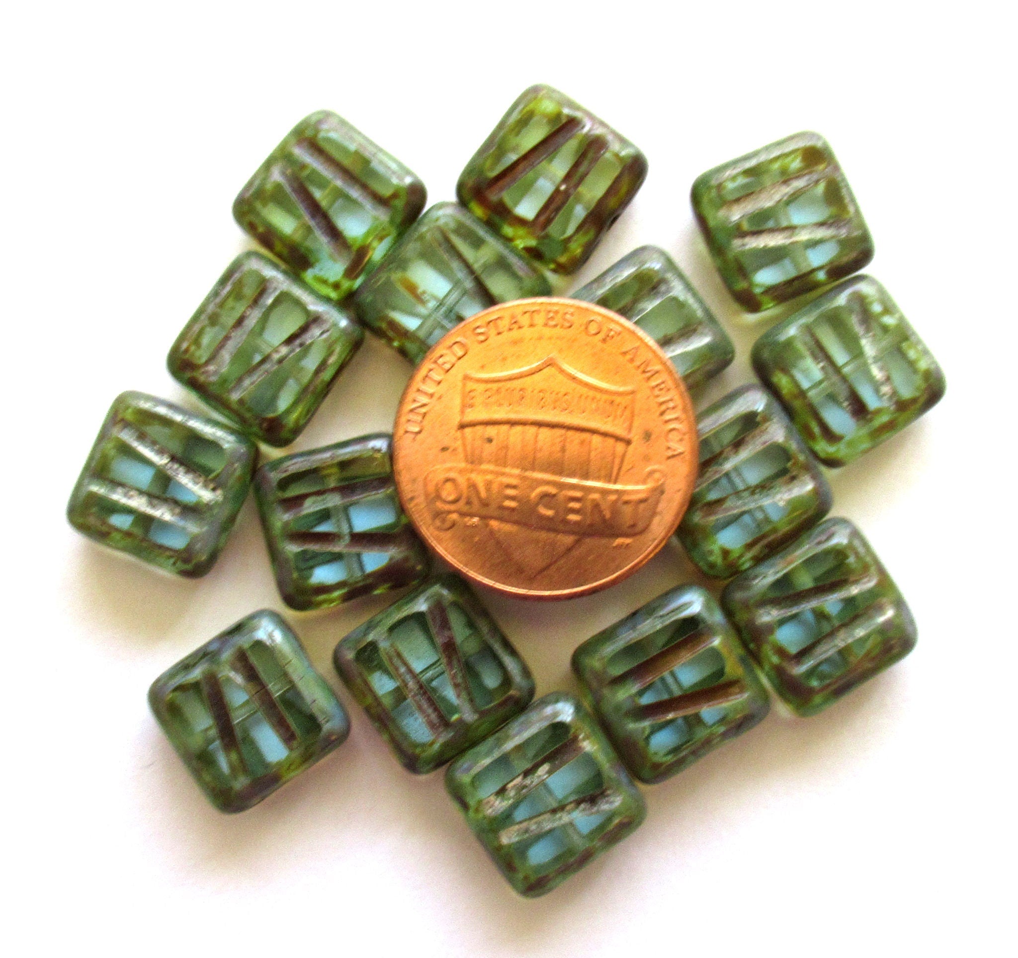 Lot of ten 10mm x 10mm square light aqua blue, carved, table cut, picasso Czech glass beads, striped square zebra beads C0019