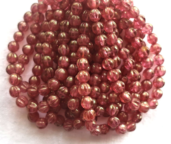 Lot of 25 Czech pink glass melon beads, 6mm transparent pink with gold luster pressed Czech glass beads C0901 - Glorious Glass Beads