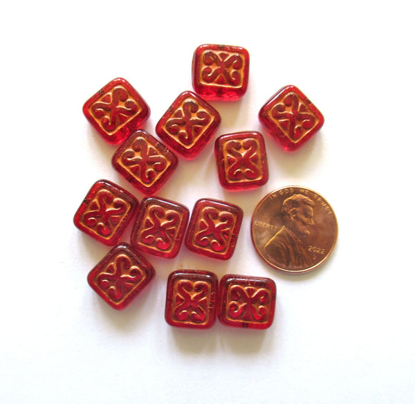 10 Czech glass rectangle beads - light garnet red with a copper wash - fancy patterened rectangular beads - 12mm x 11mm - C0059