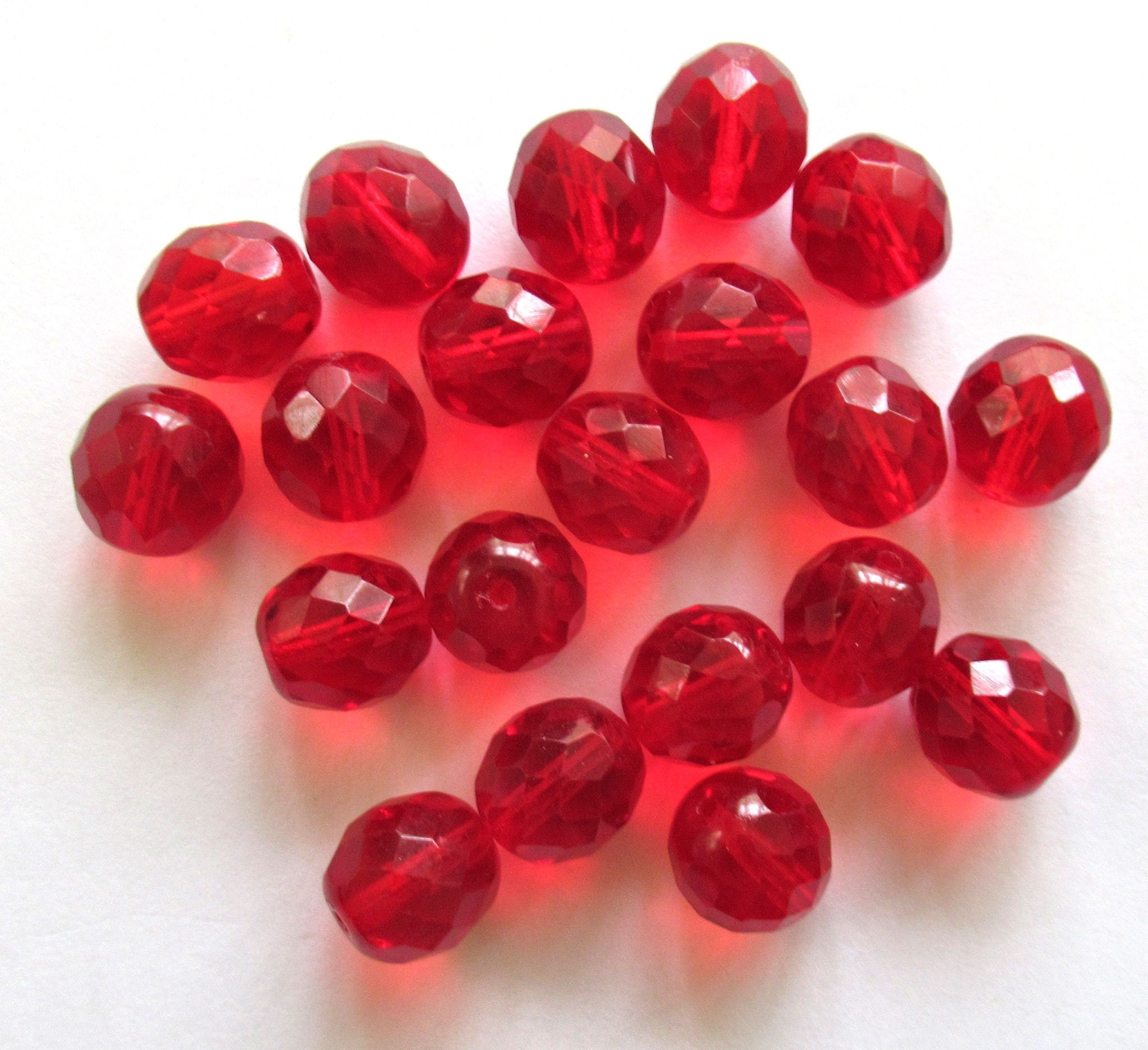 Ten Czech glass fire polished faceted round beads - 12mm transparent very light garnet red beads C0038