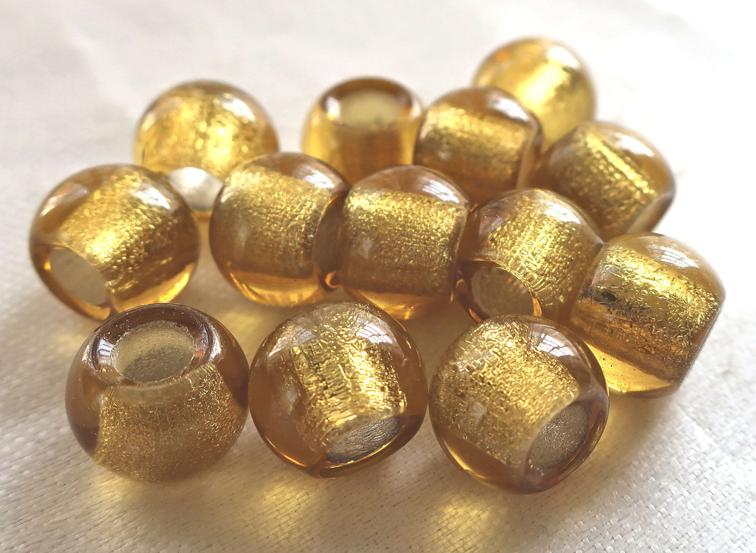 Lot of 6 12mm light Topaz Silver Lined big hole Czech glass druk beads, large 4mm hole druks C8401 - Glorious Glass Beads