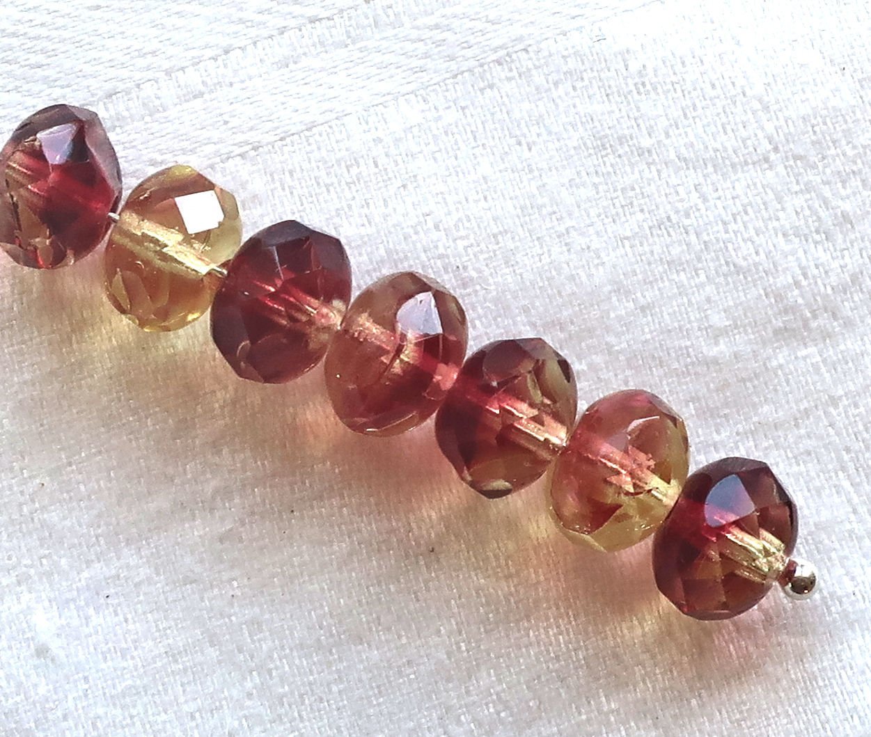 25 Czech glass faceted puffy rondelles, 6 x 8mm transparent champagne yellow & deep pink mix, rondelle beads on sale 57101 - Glorious Glass Beads