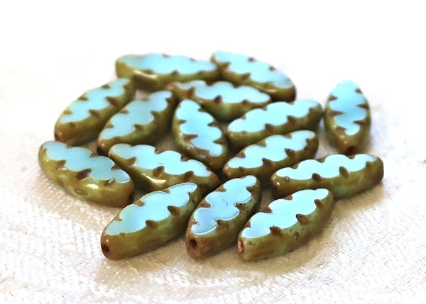 Ten 18 x 8mm powder blue carved, table cut, picasso Czech glass spindle bead, C05101 - Glorious Glass Beads