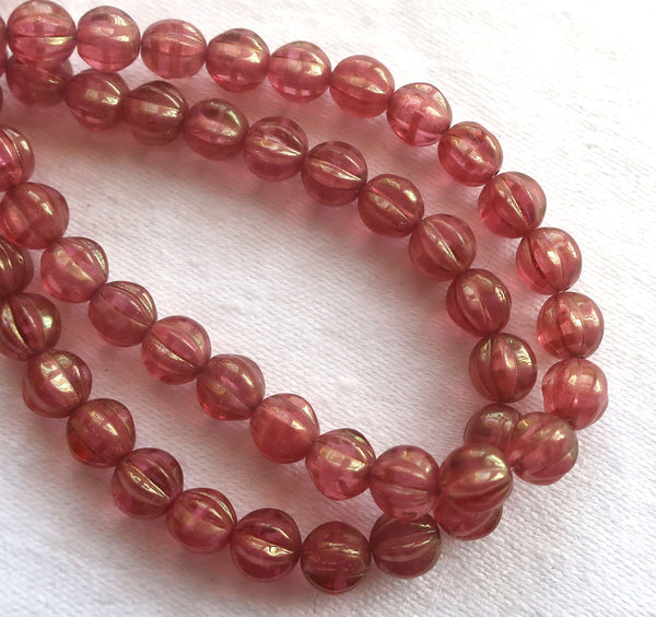 Lot of 25 Czech pink glass melon beads, 6mm transparent pink with gold luster pressed Czech glass beads C0901