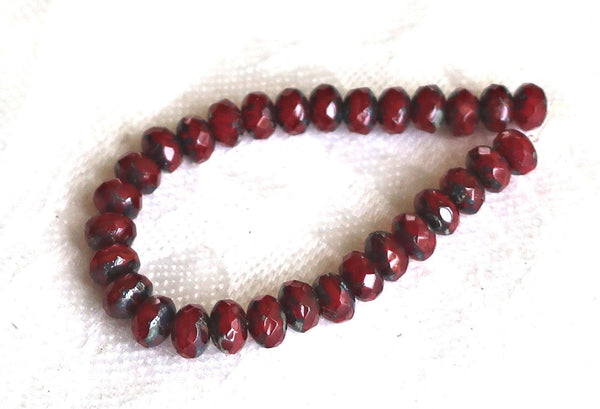 30 small, garnet red picasso puffy rondelle beads, 3mm x 5mm faceted Czech glass rondelles 51101 - Glorious Glass Beads