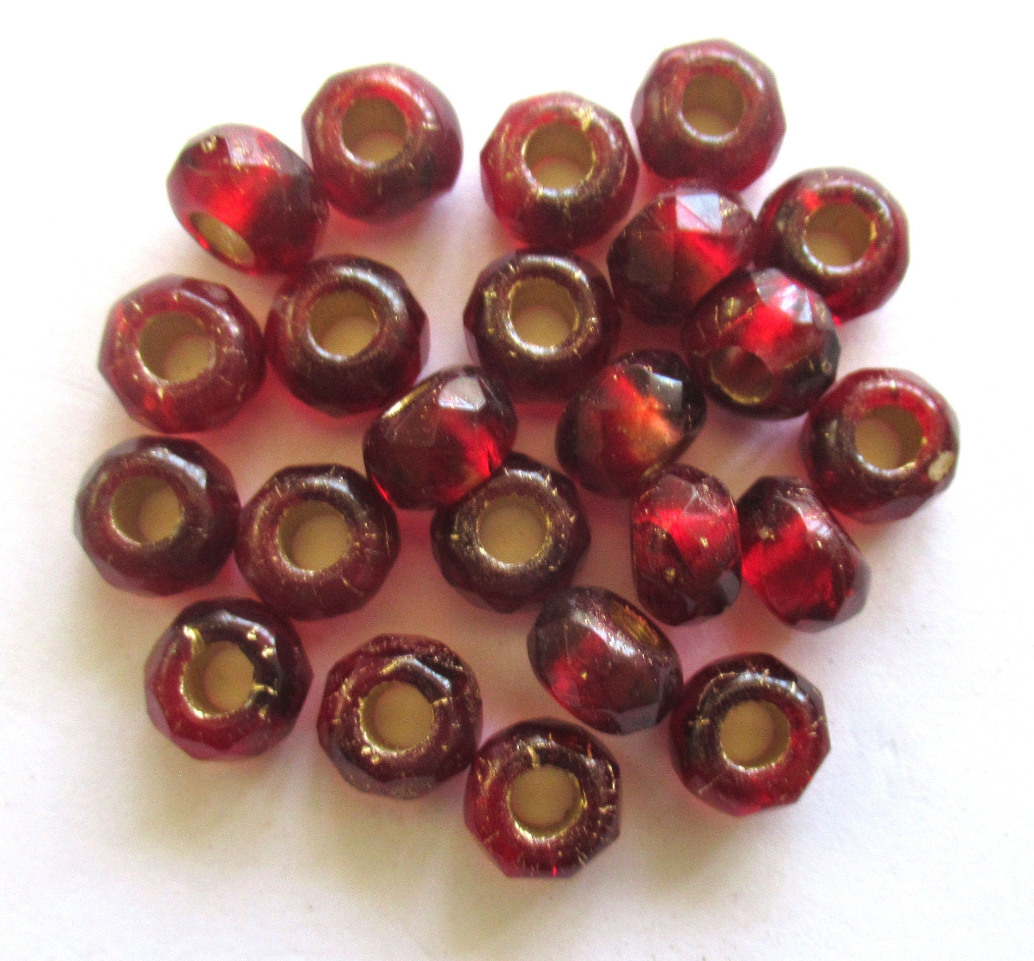 Ten Czech glass roller beads - 6 x 9mm ruby red gold lined, faceted roller, rondelle beads - big 3.5mm hole beads C00621