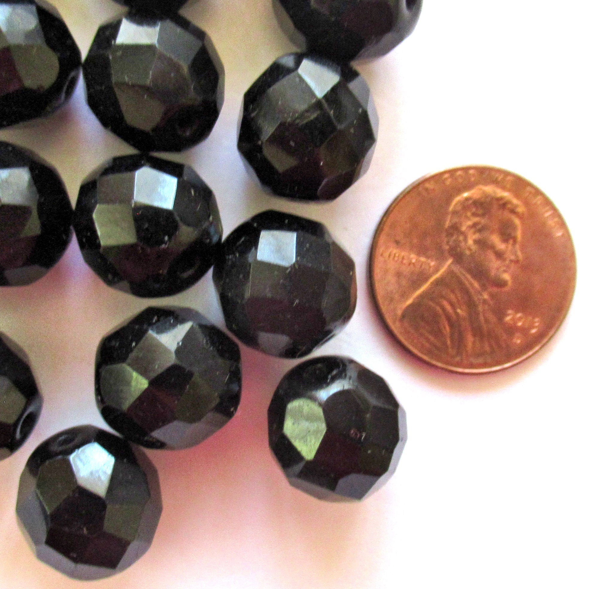 Ten Czech glass fire polished faceted round beads - 12mm jet black beads C0007
