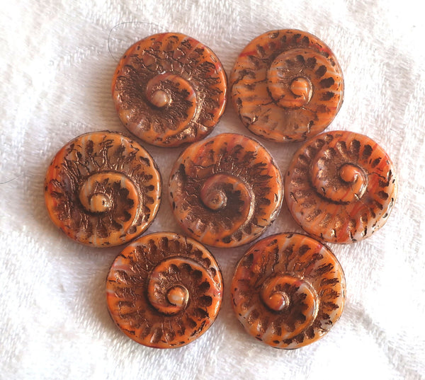 Six large Czech glass snail fossil beads, 18mm opaque orange wash on white with bronze accents, earthy, rustic coin / disc focal beads C0616