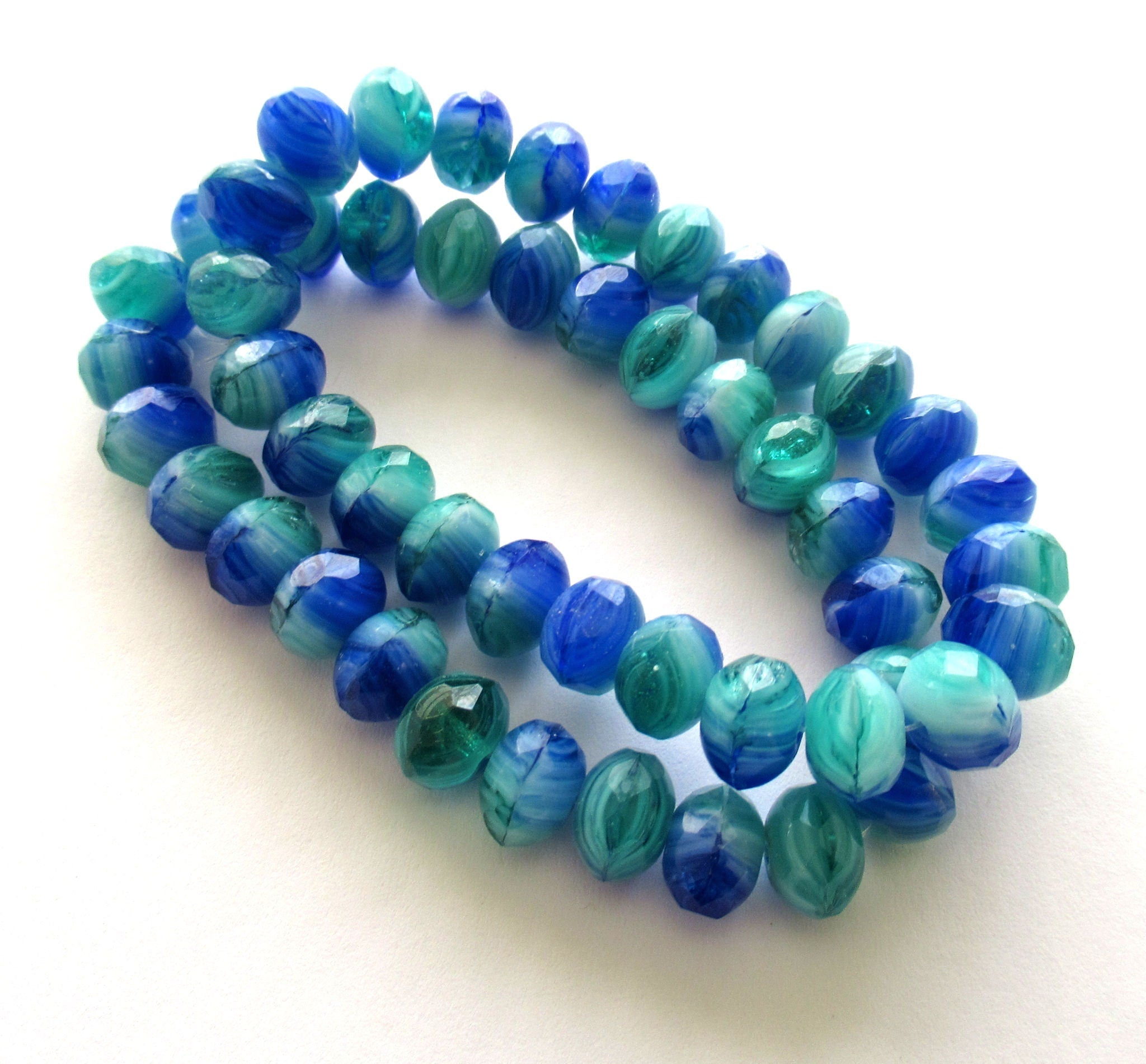 25 Czech glass puffy rondelle beads - 6 x 9mm faceted blue, green and white color mix rondelles C00662