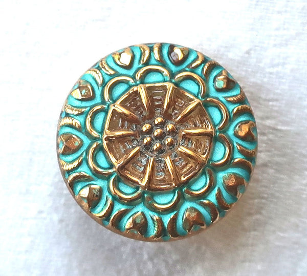 One 18mm Czech glass button, gold patterened button with a turquoise wash, verdigris look, decorative shank buttons 05201