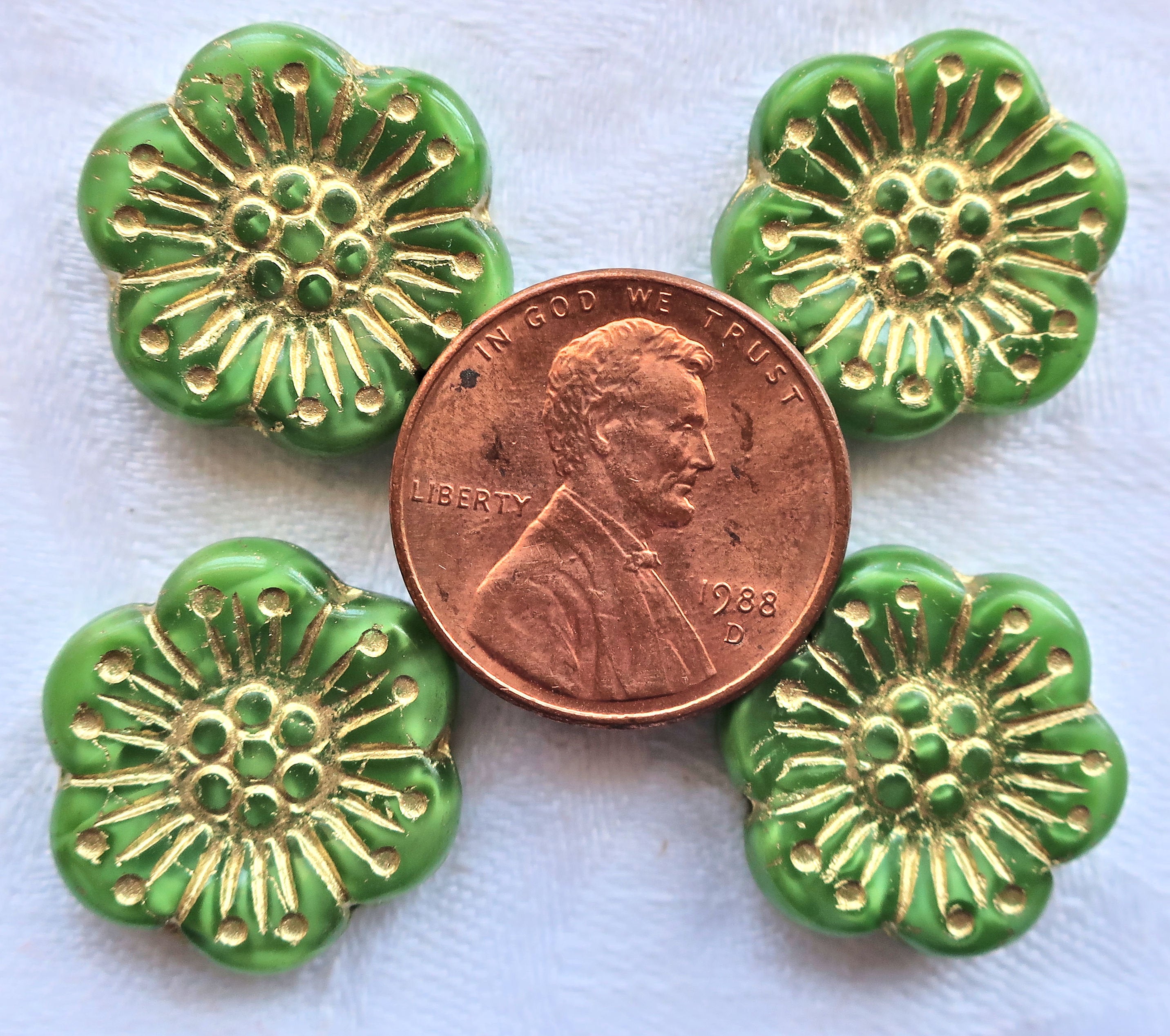Lot of 5 large 18mm opaque light green and gold Czech pressed glass flower beads 13101 - Glorious Glass Beads