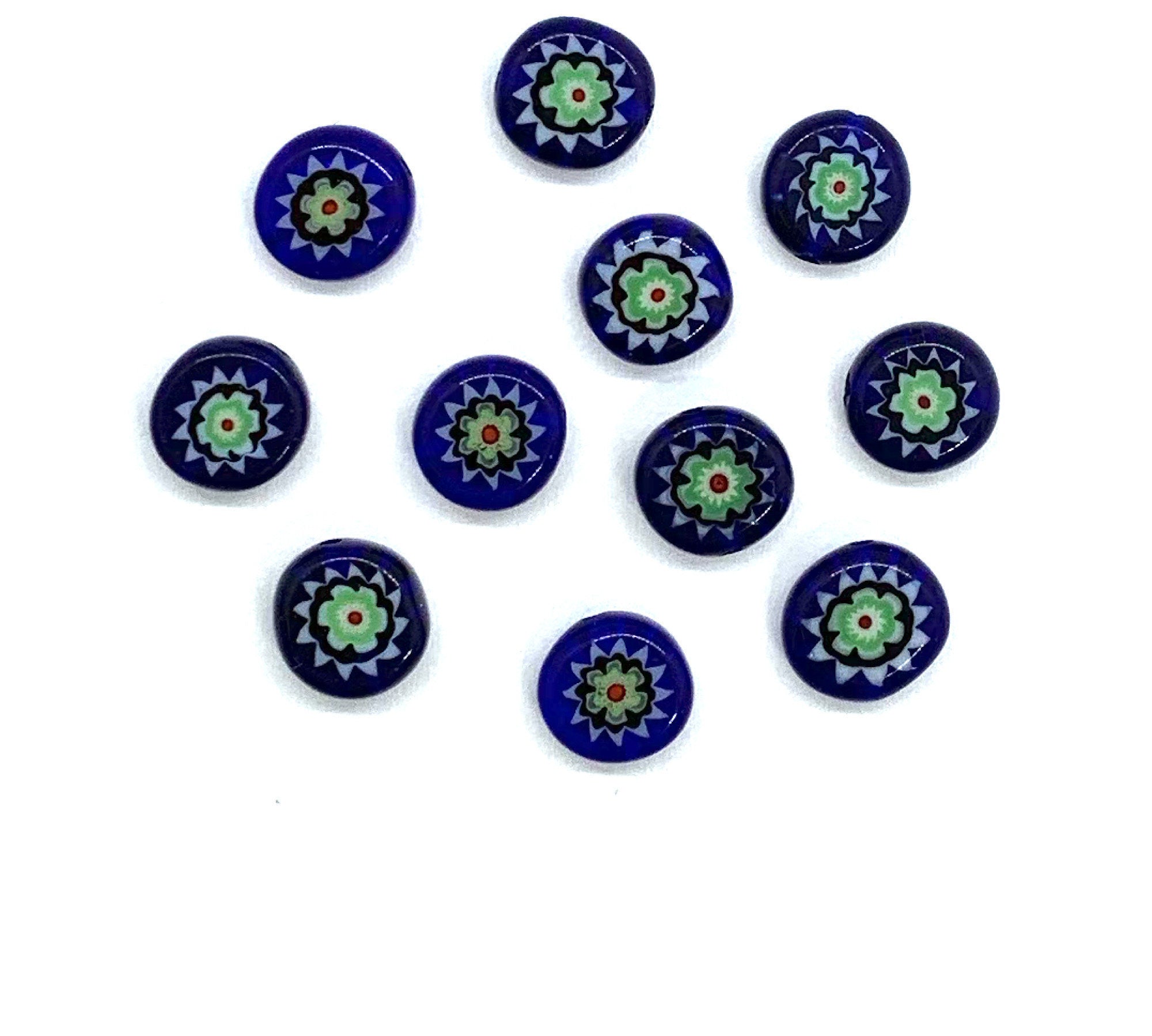 Ten 8mm cane or millefiori glass beads - blue, green and white coin or disc beads - C0008