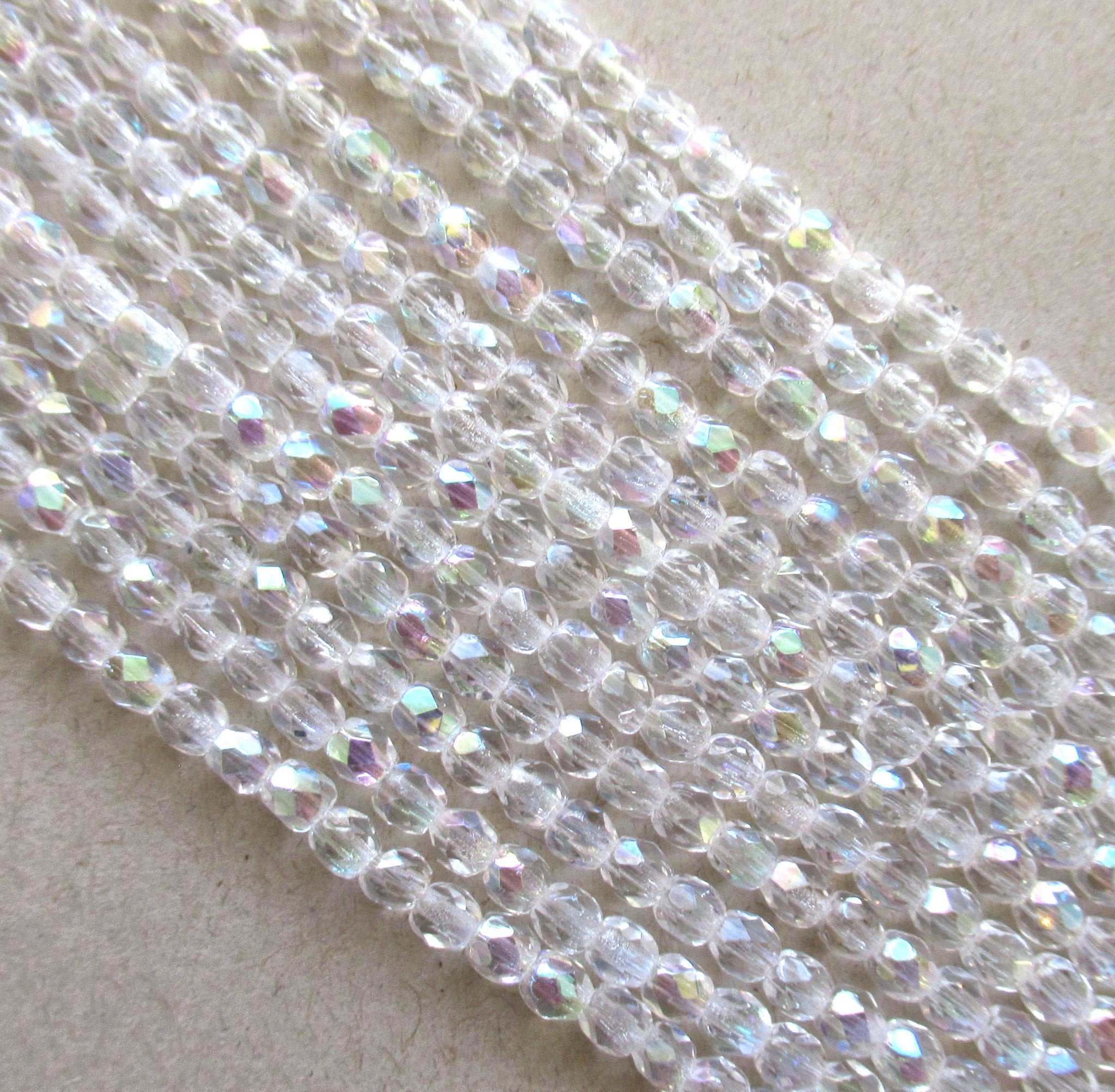 50 3mm Czech glass beads - crystal ab fire polished faceted round beads - C0084