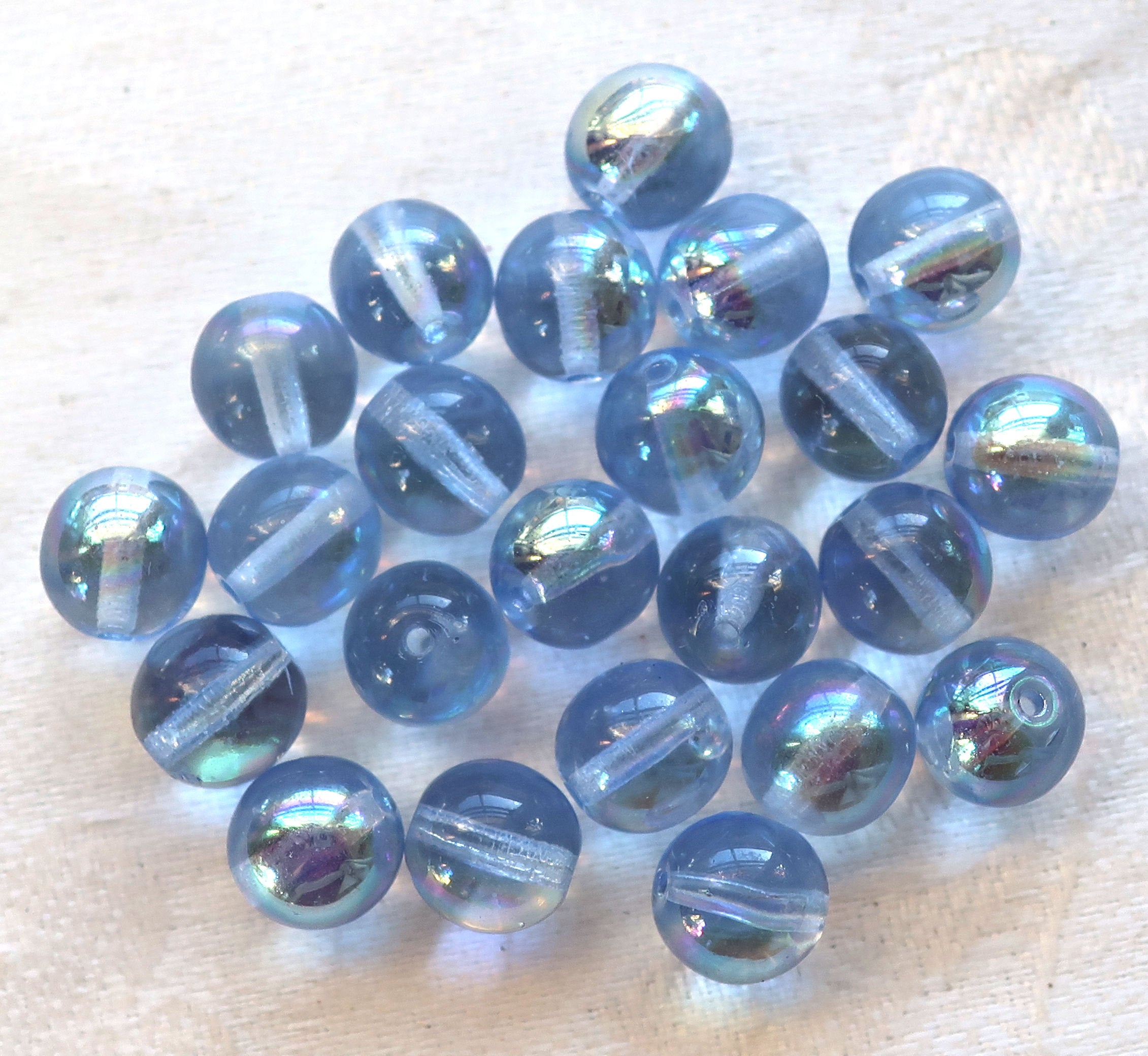Lot of 25 8mm Czech glass druks, Light Sapphire Blue AB smooth round druk beads C9301 - Glorious Glass Beads