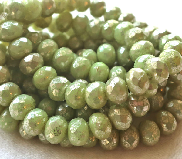 Lot of 25 Czech glass faceted puffy rondelle beads, opaque light honeydew Green with a silver mercury finish, donut beads, 5 x 7mm C00201
