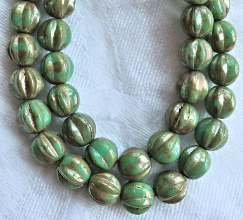 Lot of 25 6mm pressed Czech glass melon beads, turquoise green beads with gold accents C0901 - Glorious Glass Beads