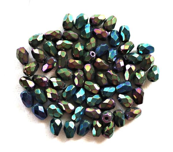 Lot of 25 7 x 5mm Green Iris teardrop Czech glass beads, faceted firepolished tear drops C7701