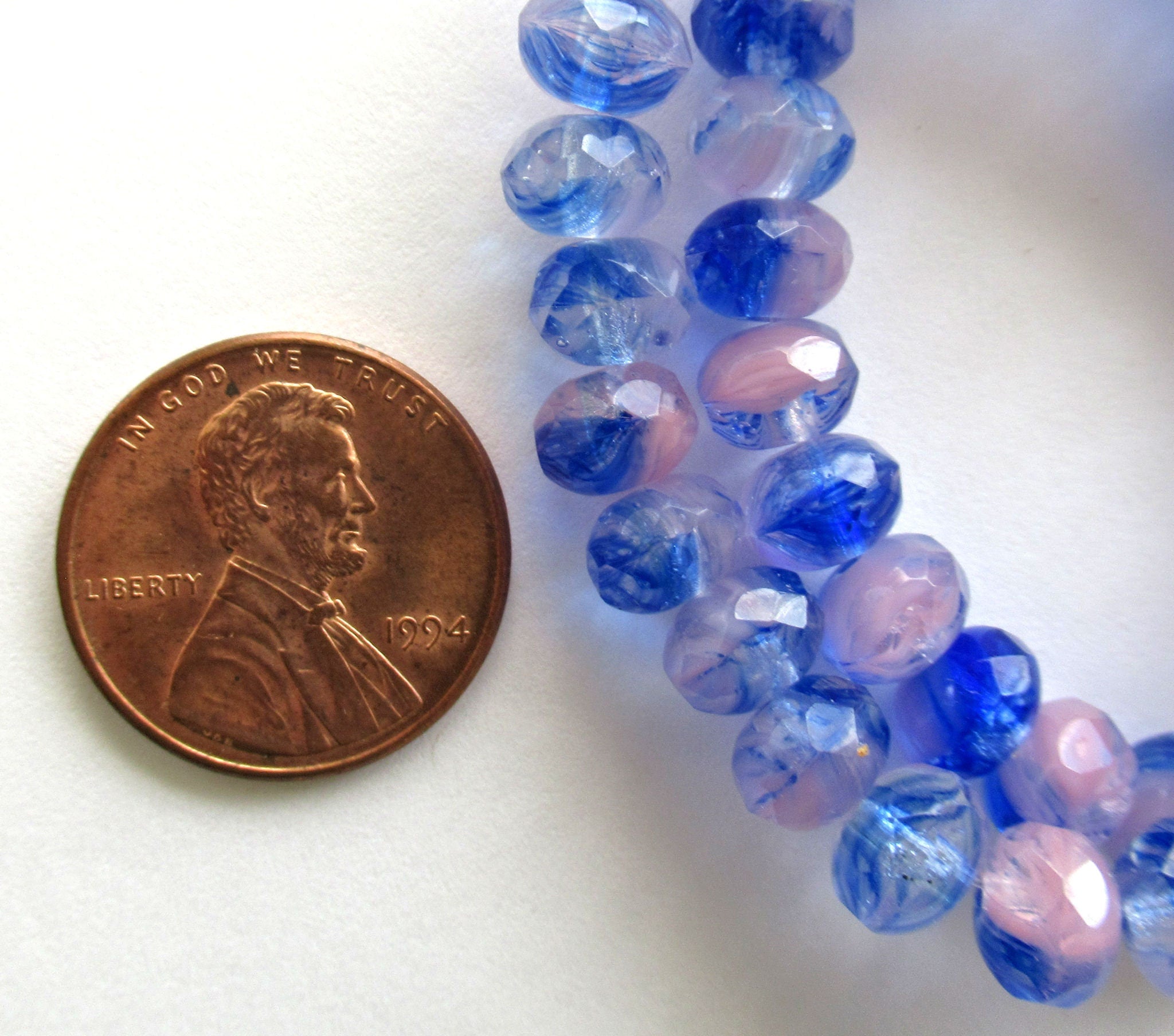 Lot of 25 Czech glass faceted puffy rondelle beads - 5 x 7mm pink, crystal & blue marbled mix rondelles C00612