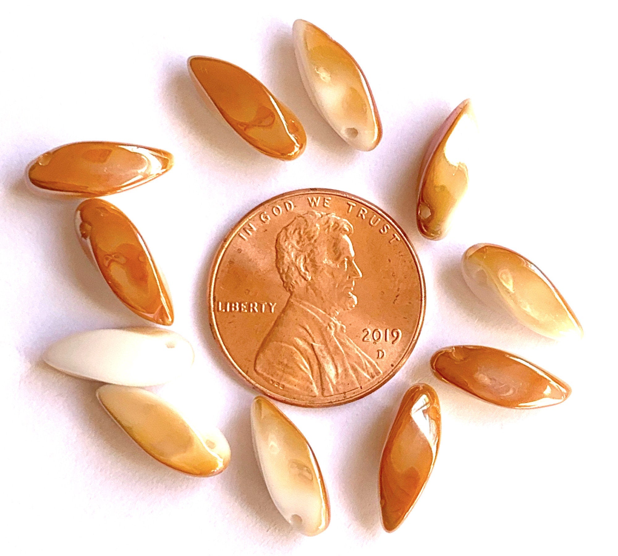 20 Czech glass twisted teardrop, petal or dagger beads - top drilled 6 x 12mm apricot white mix pressed glass beads C0201