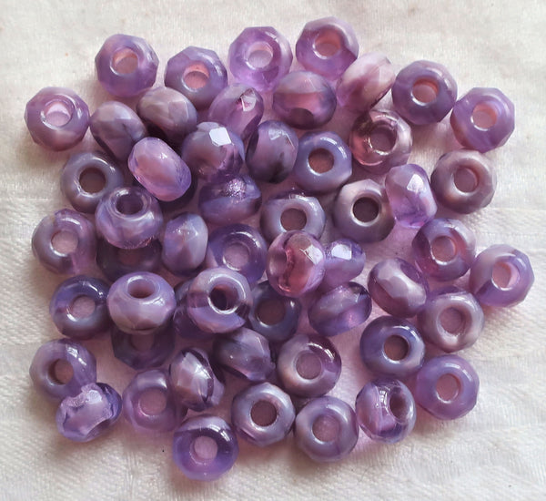 Ten Czech glass faceted roller beads - 8.65mm x 5.32mm opaque & transparent purple, lilac marbled tyre beads - big 3.38mm hole beads C1701