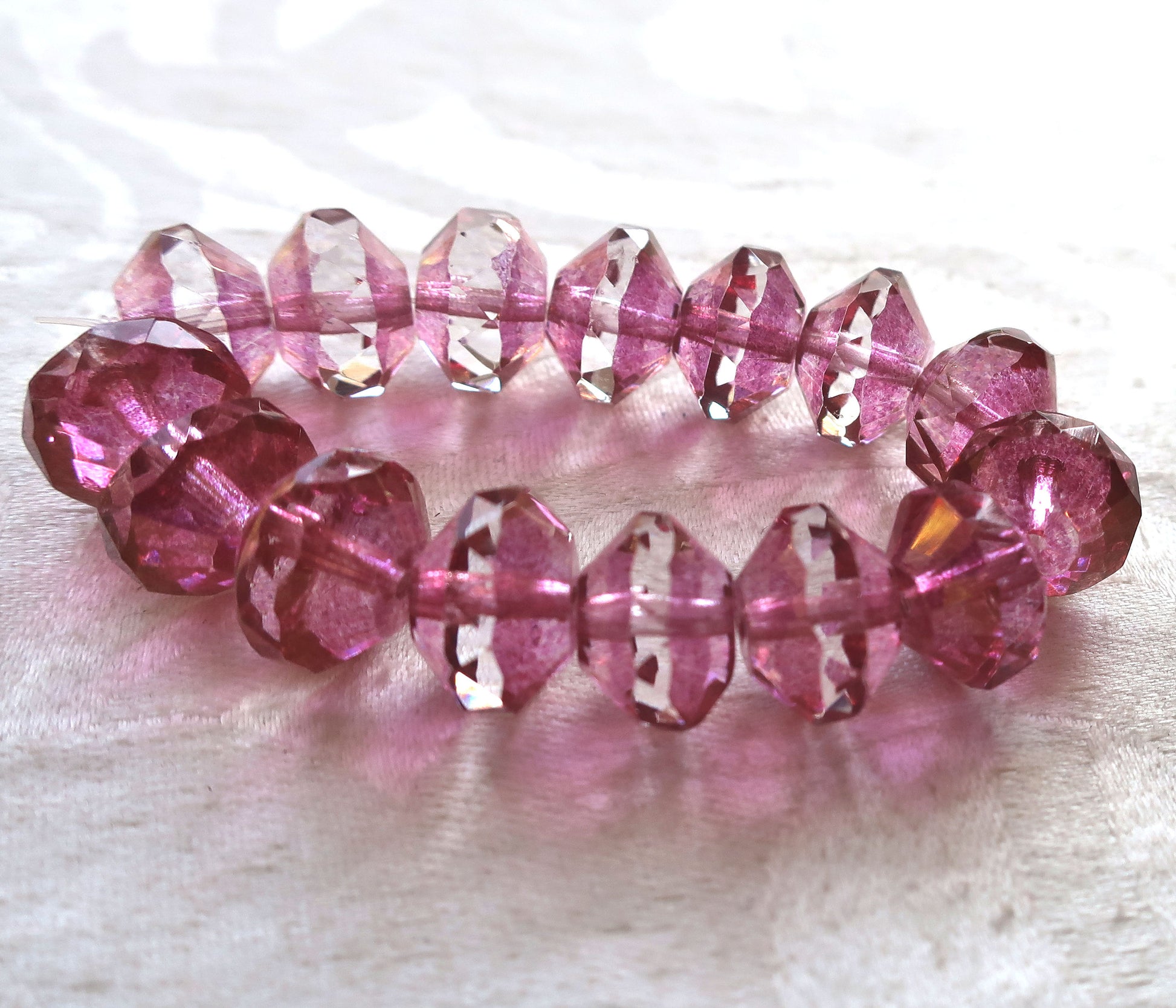 Five large pink faceted Czech glass saucer beads, 13 x 9mm transparent pink with crystal centers and gold accents, C05101 - Glorious Glass Beads
