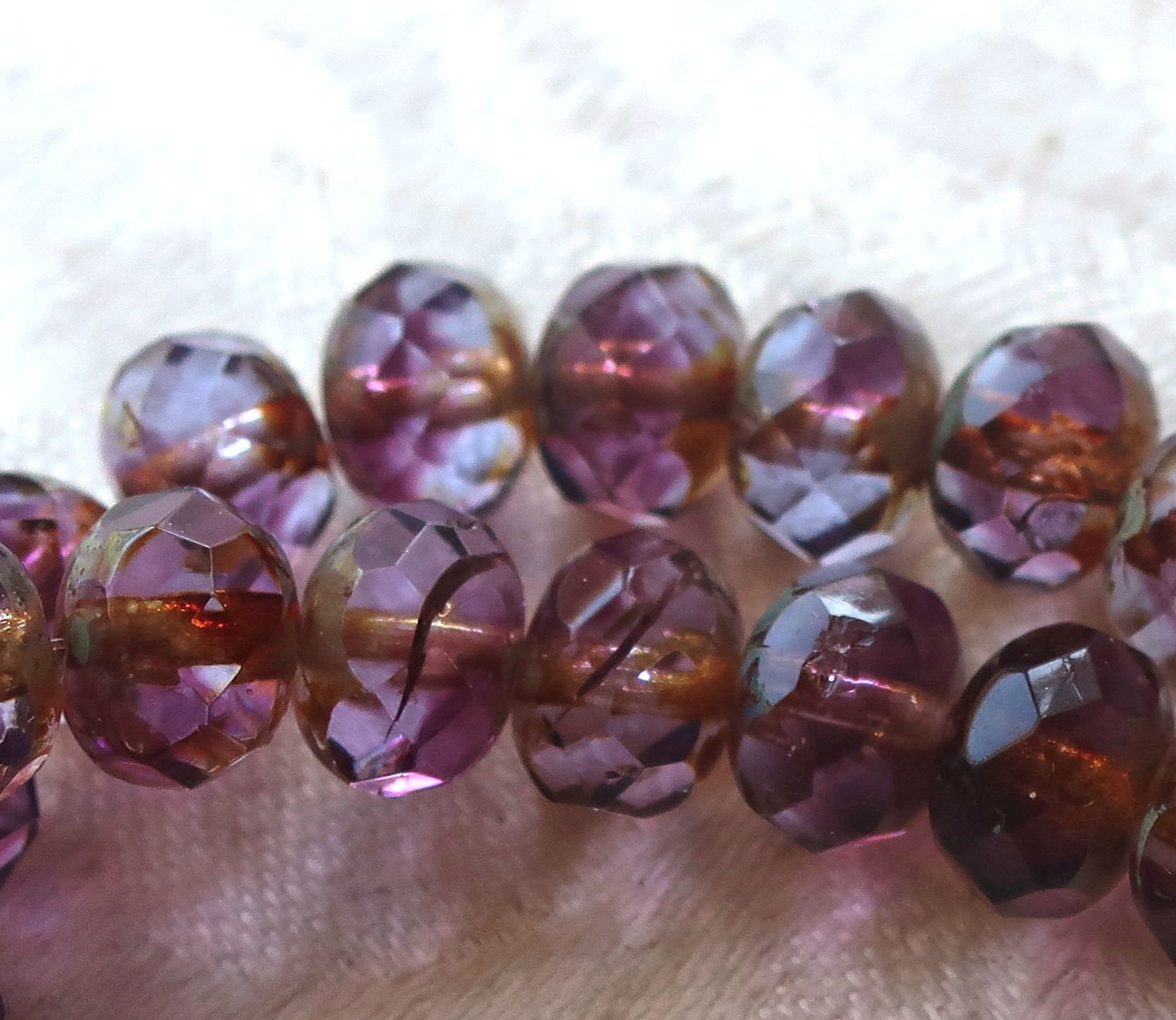 Lot of 25 Czech glass faceted puffy rondelles, 6 x 8mm transparent marbled amethyst, purple & lavender picasso, rondelle beads 00301 - Glorious Glass Beads