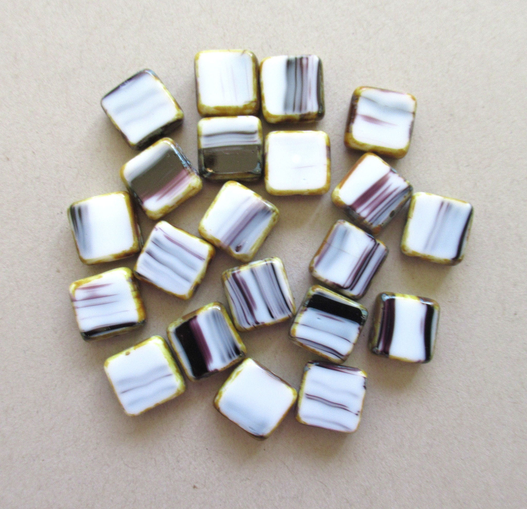 Ten 10mm Czech glass square beads - 10 x 10mm opaque white and amethyst purple beads - table cut beads - C0411
